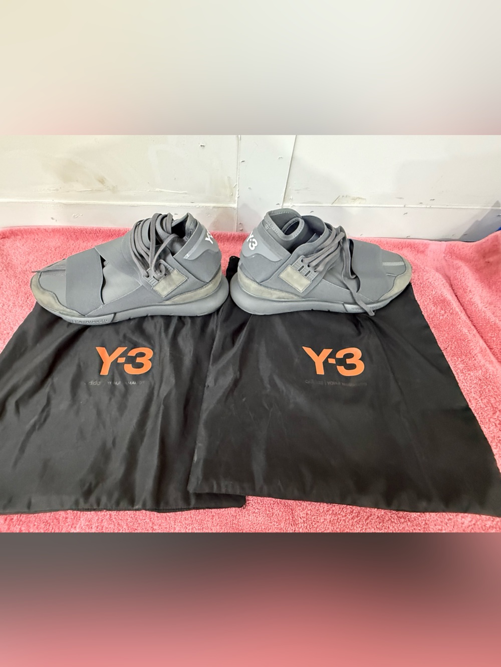 Y-3 Grey High-Top Sneakers with Black Dust Bags